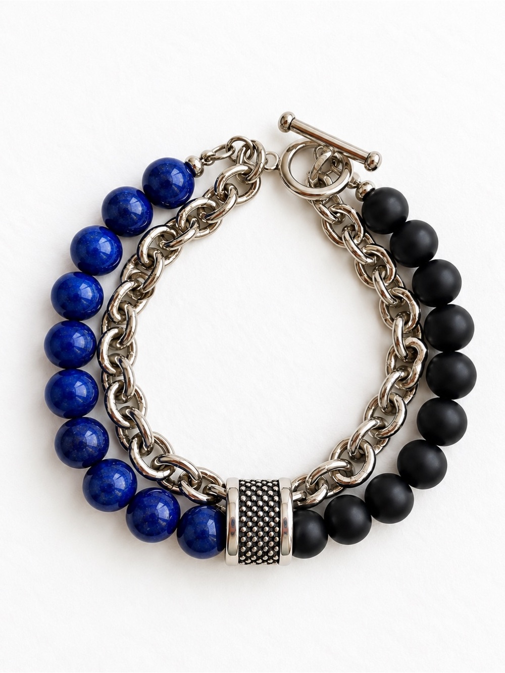 Blue & Black Bead Multi-Strand Bracelet – Silver-Tone Chain– 8”